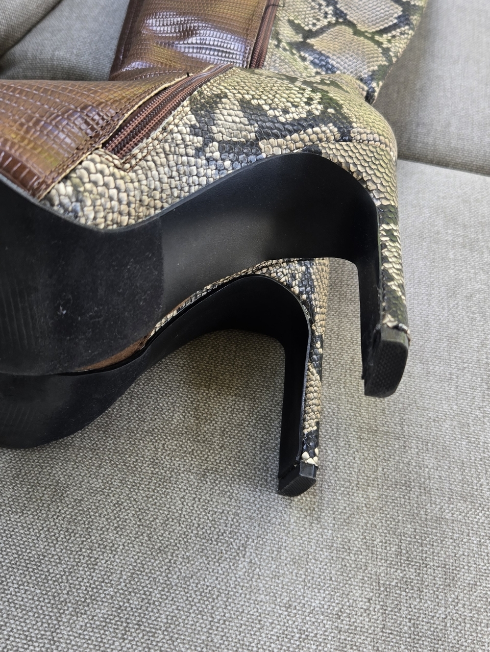 Shoe Dazzle Kioni Brown Snakeskin-Print Knee Boots with Gold Zip - Picture 16 of 16